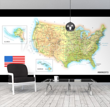 Afbeeldingen van USA detailed topographic map illustration Map contains topographic contours country and land names cities water objects flag roads- railways